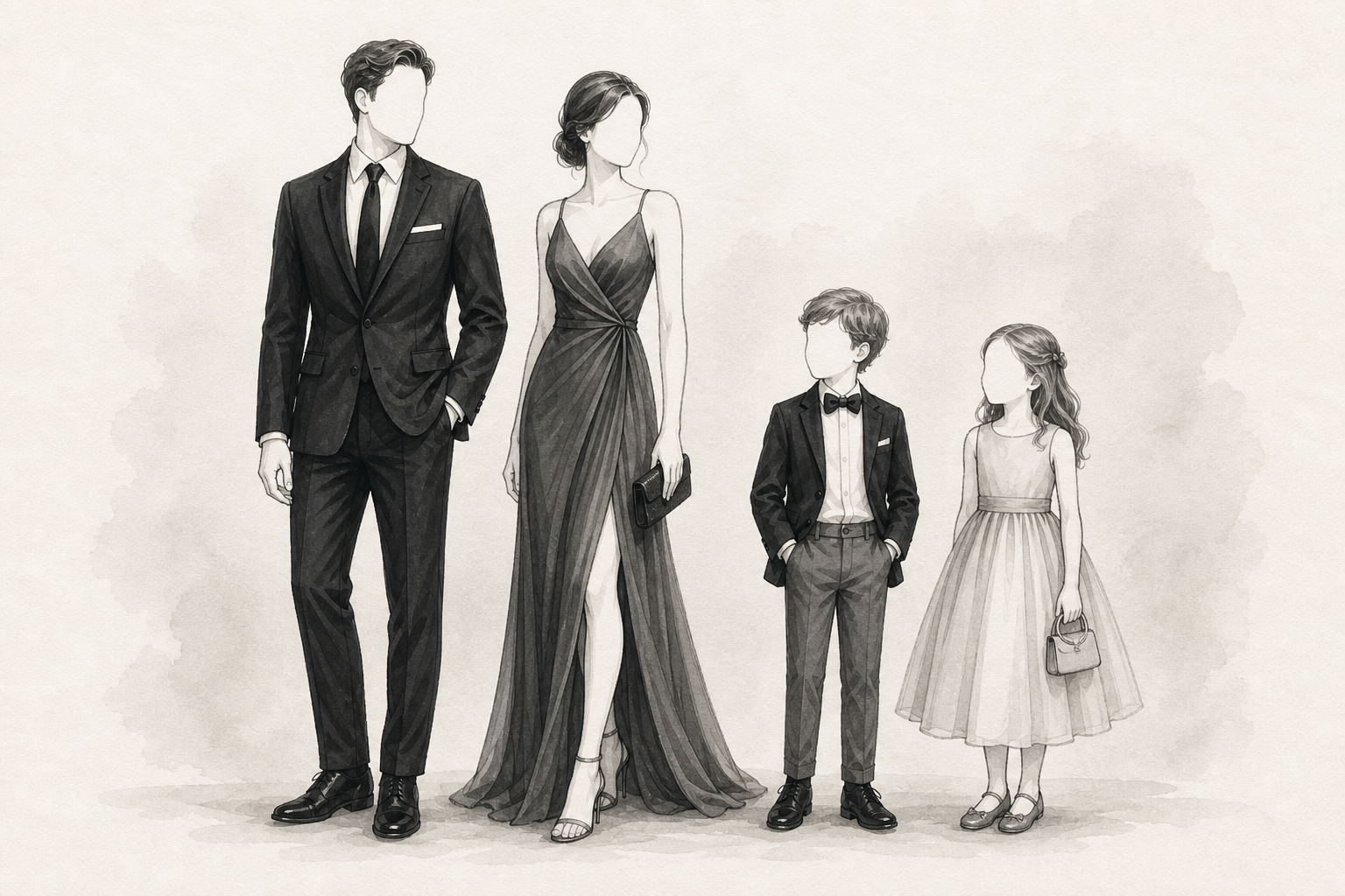 Monochrome faceless illustration of formal wedding outfits for adults and children